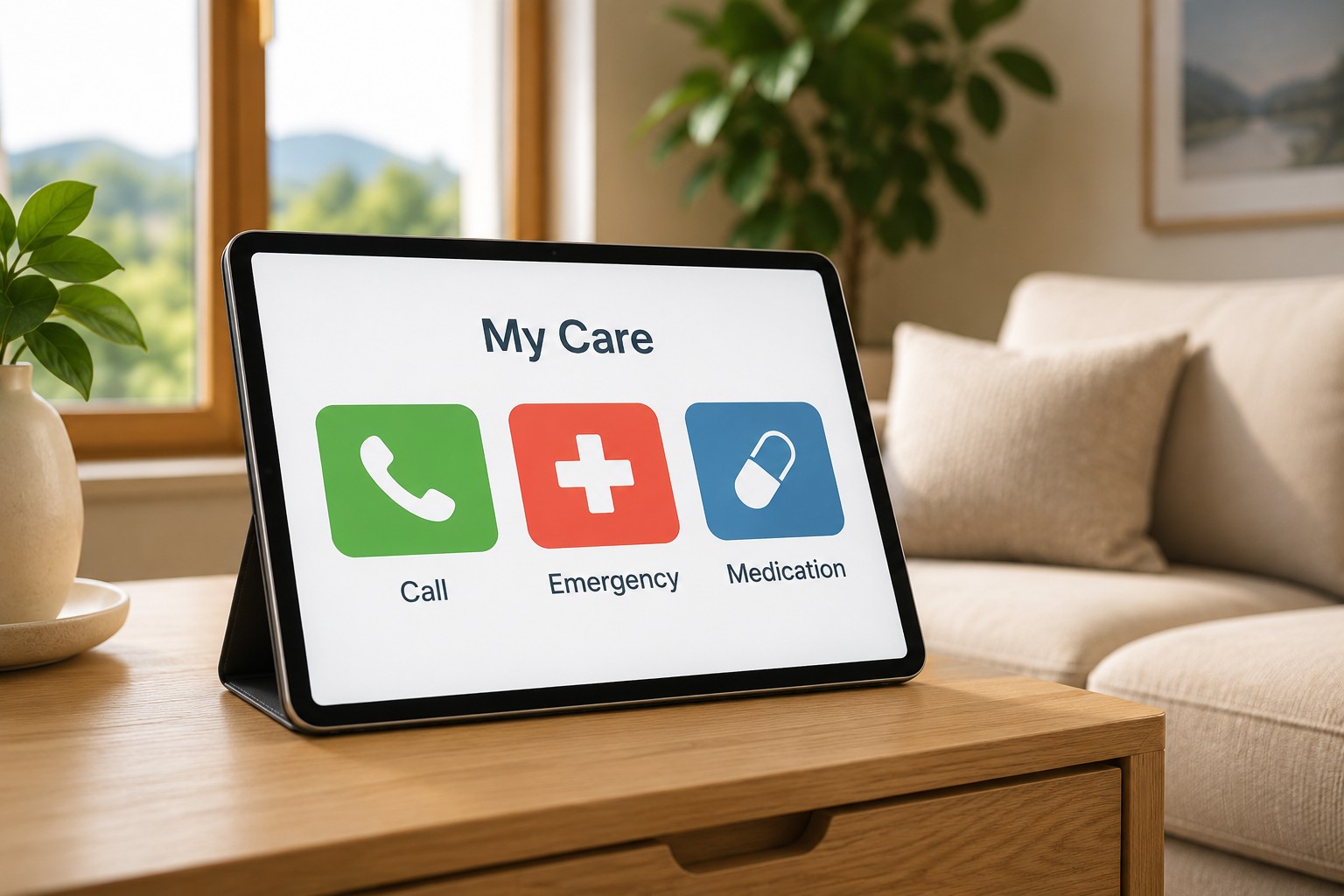 Tablet zeigt Telecare-App – digitale Alltagsunterstützung für Senioren