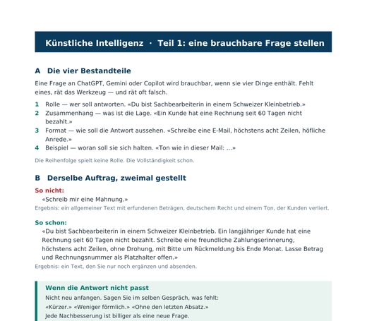 Erste Seite der Kursunterlage zum KI-Kurs: eine brauchbare Frage stellen
