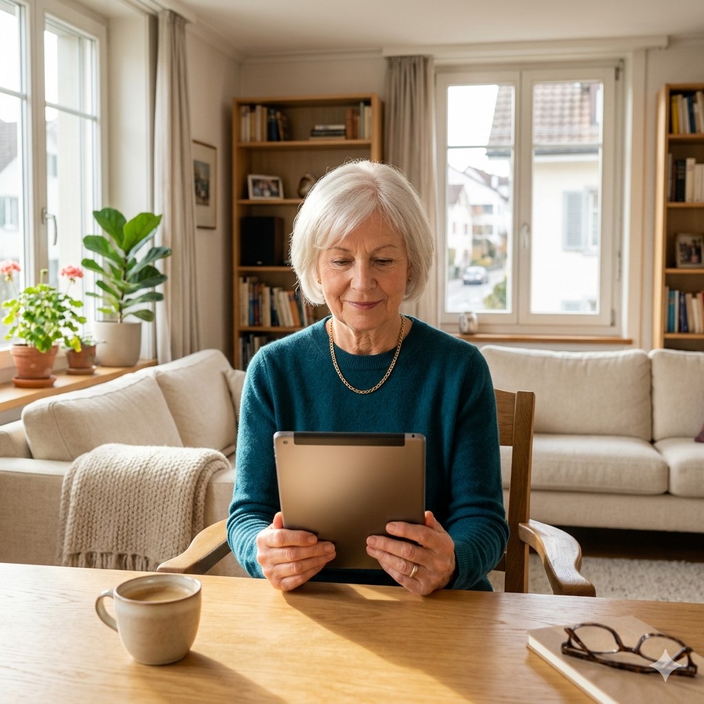 Ältere Person bedient sicher und entspannt ein Tablet